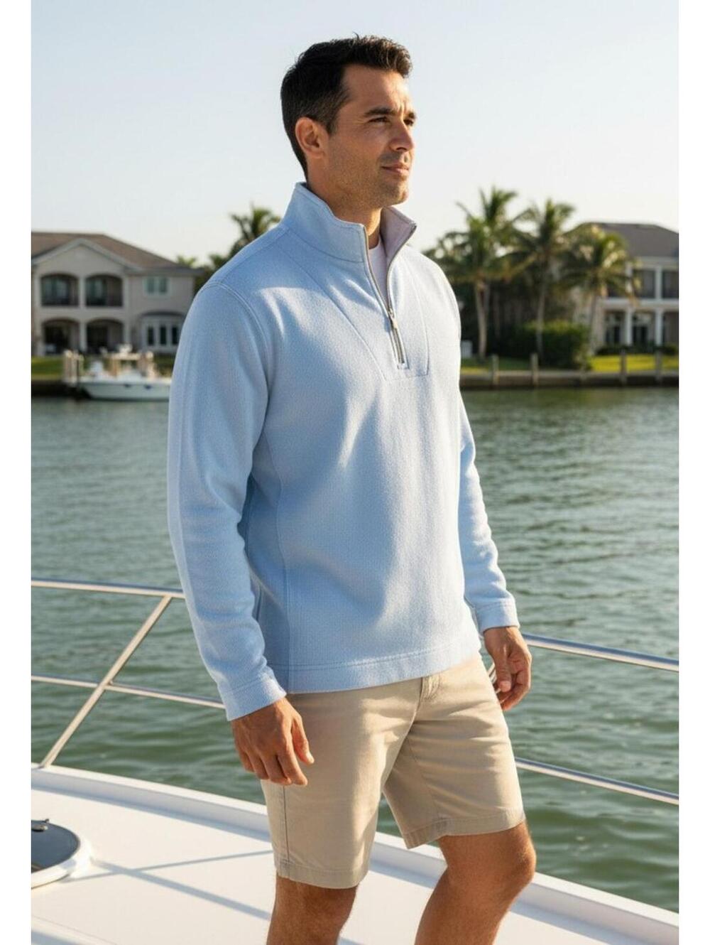 Tommy Bahama Quarter Zip Pullover Men XL Light Blue Ribbed Cotton Resort